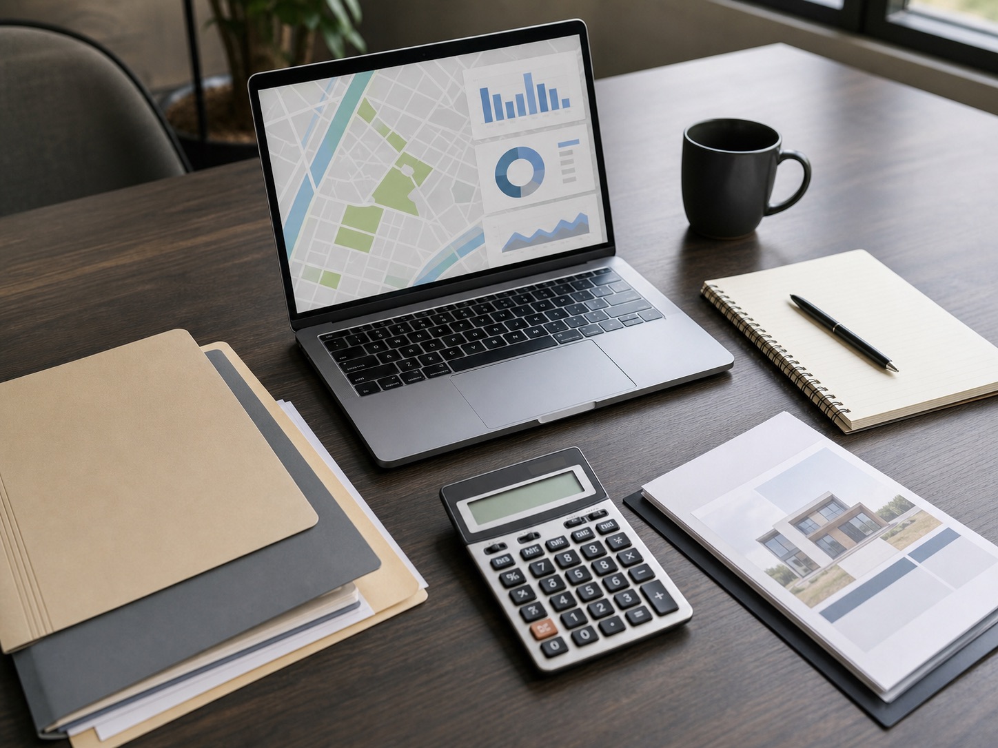 Real estate underwriting desk with laptop, calculator, notebook, and property documents