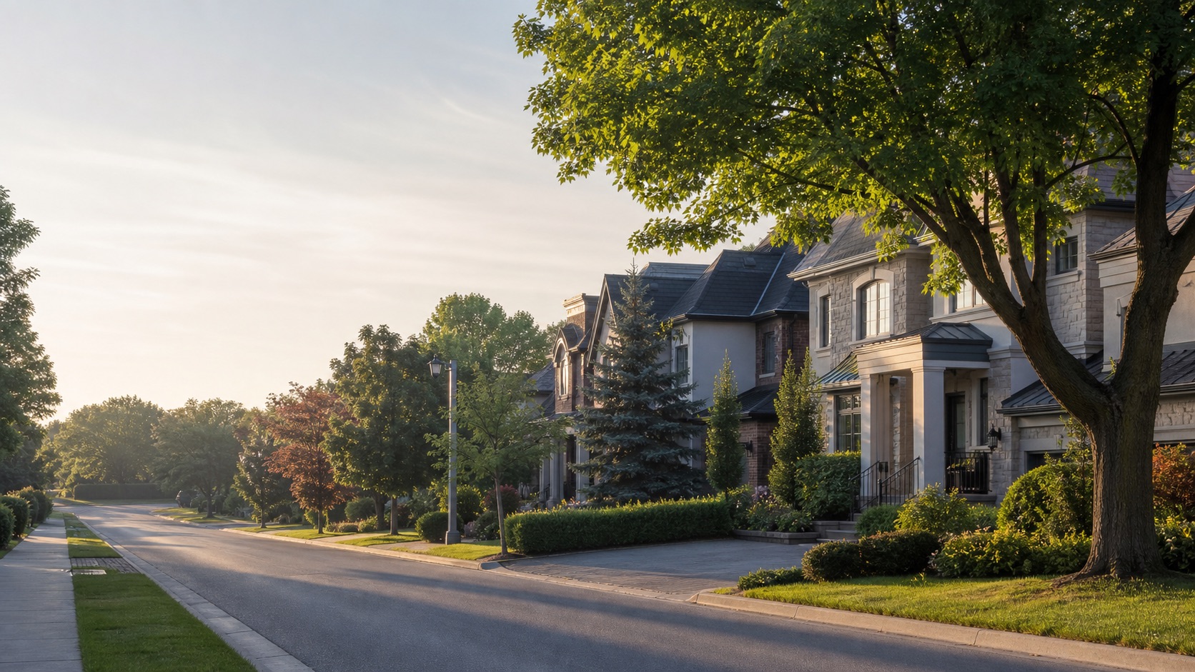Tree-lined York Region residential street with detached homes