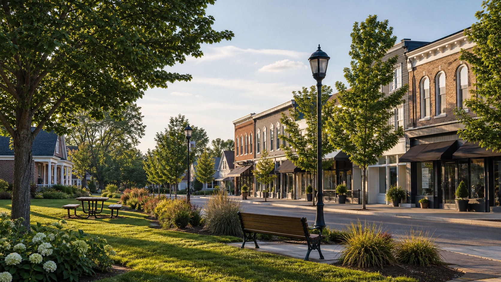 York Region style town main street with green space and low-rise shops